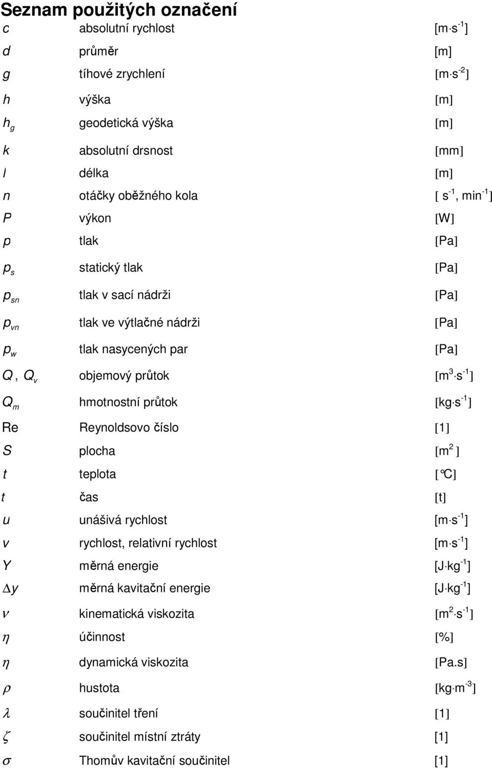 [kg - ] Re Reyoldoo čílo [] S locha [m ] t telota [ C ] t ča [t] u uášiá rychlot [m - ] rychlot, relatií rychlot [m - ] měrá eergie [J kg - ] y měrá kaitačí eergie