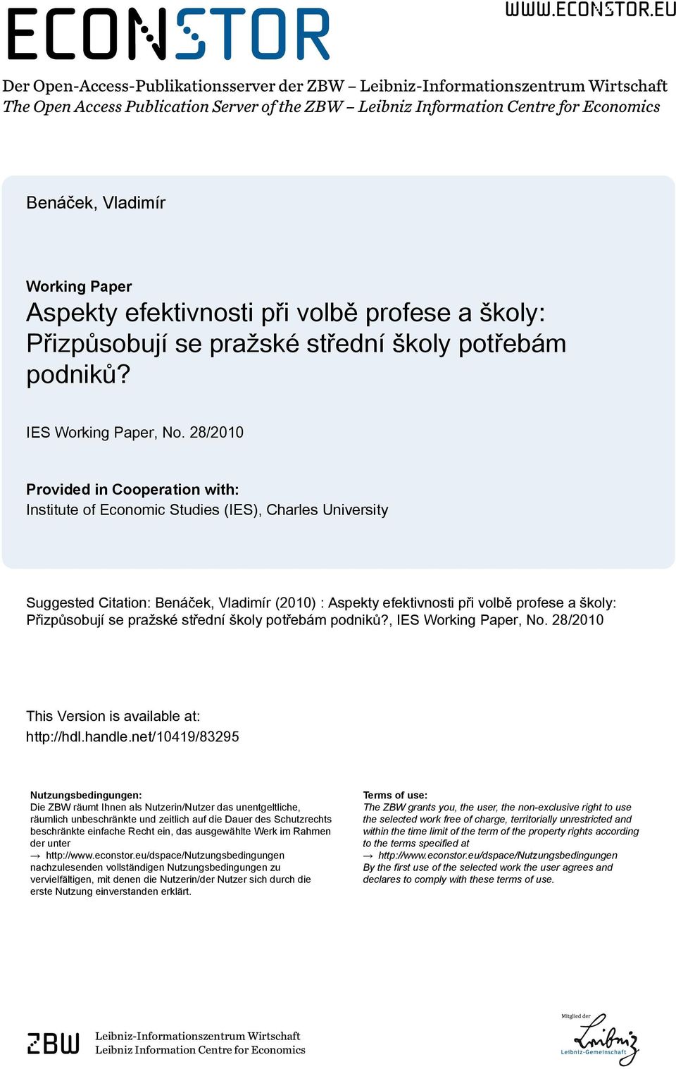 eu Der Open-Access-Publikationsserver der ZBW Leibniz-Informationszentrum Wirtschaft The Open Access Publication Server of the ZBW Leibniz Information Centre for Economics Benáček, Vladimír Working