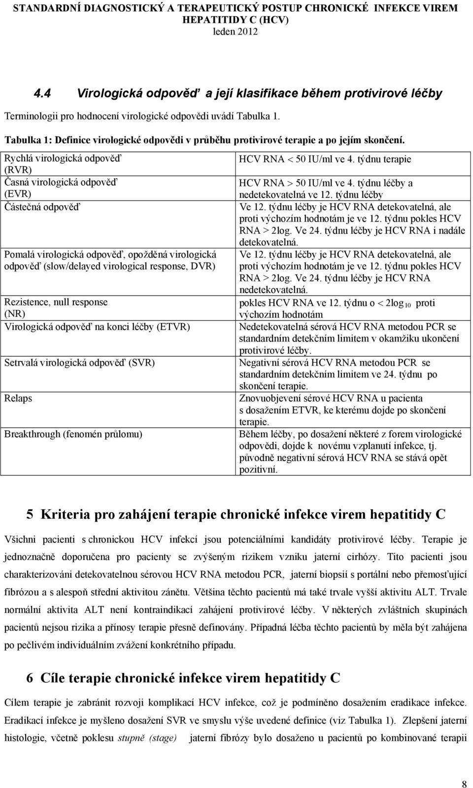 týdnu terapie (RVR) Časná virologická odpověď HCV RNA 50 IU/ml ve 4. týdnu léčby a (EVR) nedetekovatelná ve 12. týdnu léčby Částečná odpověď Ve 12.