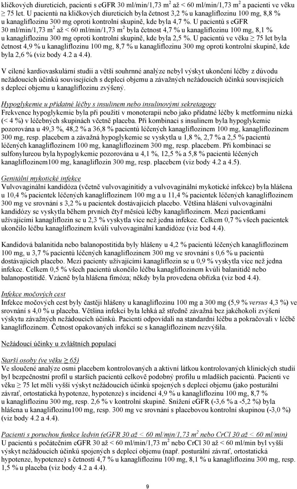 U pacientů s egfr 30 ml/min/1,73 m 2 až < 60 ml/min/1,73 m 2 byla četnost 4,7 % u kanagliflozinu 100 mg, 8,1 % u kanagliflozinu 300 mg oproti kontrolní skupině, kde byla 2,5 %.