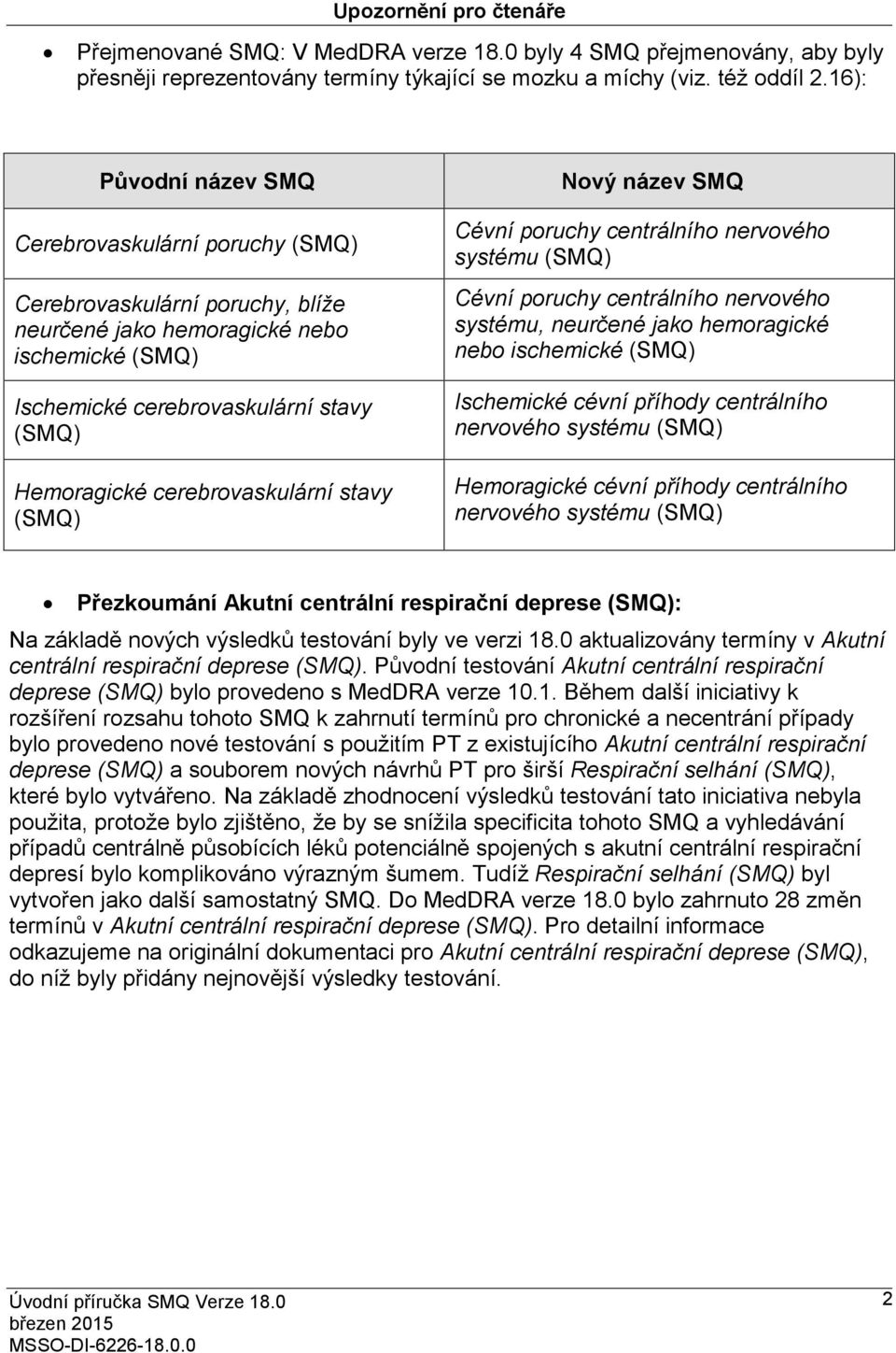 cerebrovaskulární stavy (SMQ) Nový název SMQ Cévní poruchy centrálního nervového systému (SMQ) Cévní poruchy centrálního nervového systému, neurčené jako hemoragické nebo ischemické (SMQ) Ischemické