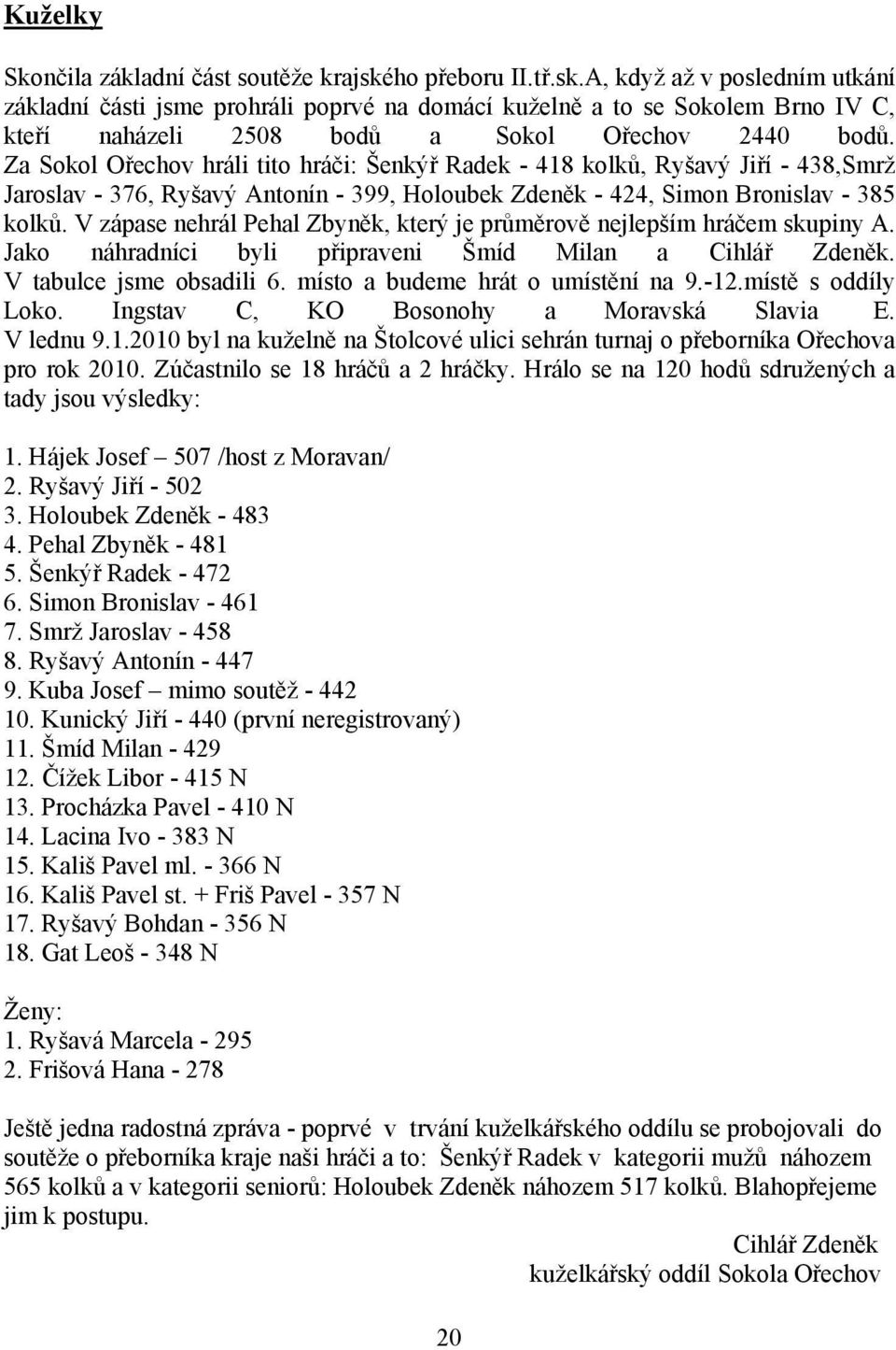 Za Sokol Ořechov hráli tito hráči: Šenkýř Radek - 418 kolků, Ryšavý Jiří - 438,Smrž Jaroslav - 376, Ryšavý Antonín - 399, Holoubek Zdeněk - 424, Simon Bronislav - 385 kolků.