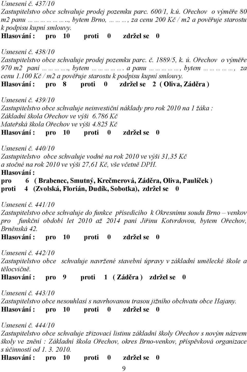 100 Kč / m2 a pověřuje starostu k podpisu kupní smlouvy. Hlasování : pro 8 proti 0 zdržel se 2 ( Oliva, Záděra ) Usnesení č.