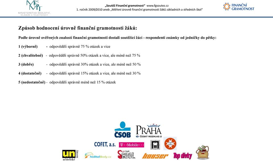 odpověděli správně 50% otázek a více, ale méně neţ 75 % 3 (dobře) - odpověděli správně 30% otázek a více, ale méně neţ 50 %