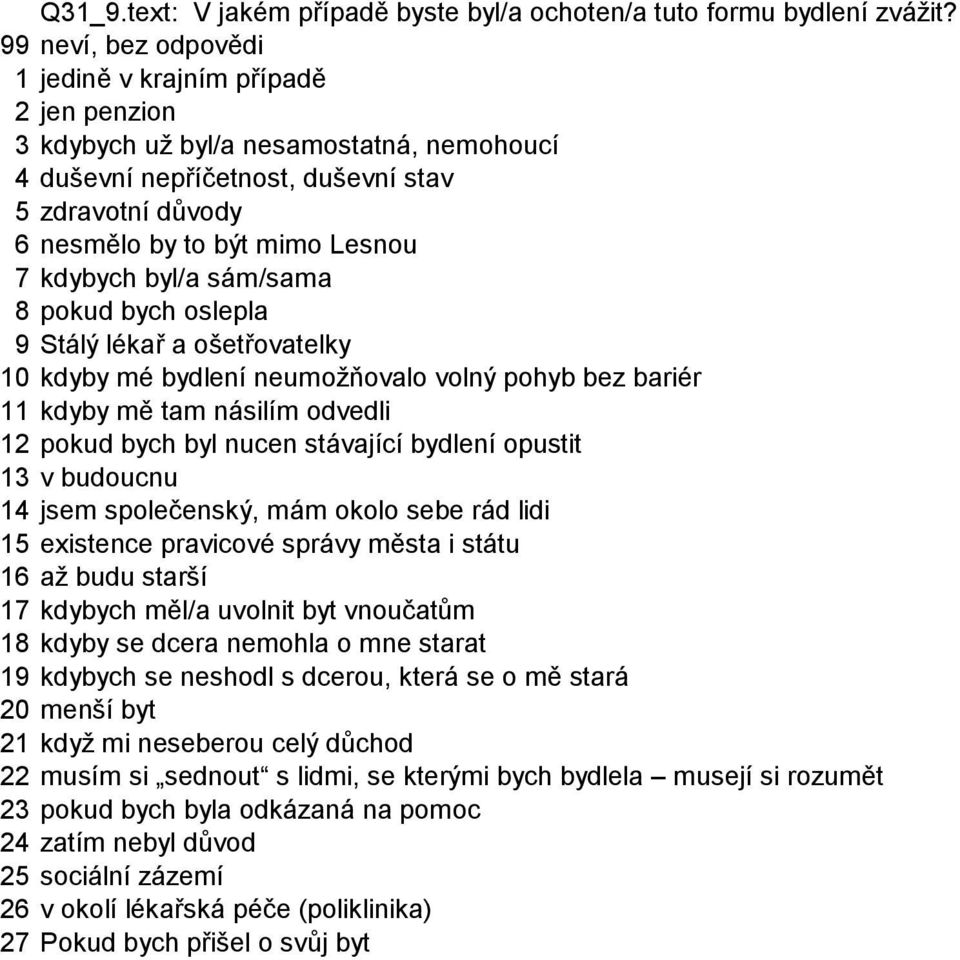 pokud bych oslepla 9 Stálý lékař a ošetřovatelky 10 kdyby mé bydlení neumožňovalo volný pohyb bez bariér 11 kdyby mě tam násilím odvedli 12 pokud bych byl nucen stávající bydlení opustit 13 v