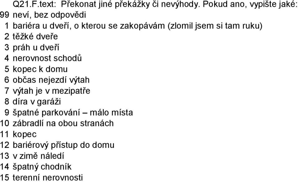 dveře 3 práh u dveří 4 nerovnost schodů 5 kopec k domu 6 občas nejezdí výtah 7 výtah je v mezipatře 8