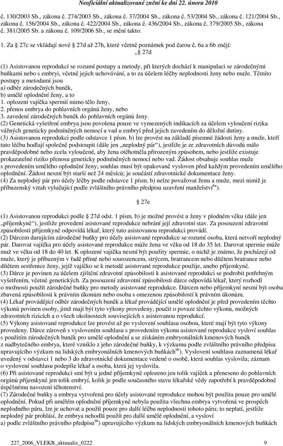 6a a 6b znějí: 27d (1) Asistovanou reprodukcí se rozumí postupy a metody, při kterých dochází k manipulaci se zárodečnými buňkami nebo s embryi, včetně jejich uchovávání, a to za účelem léčby