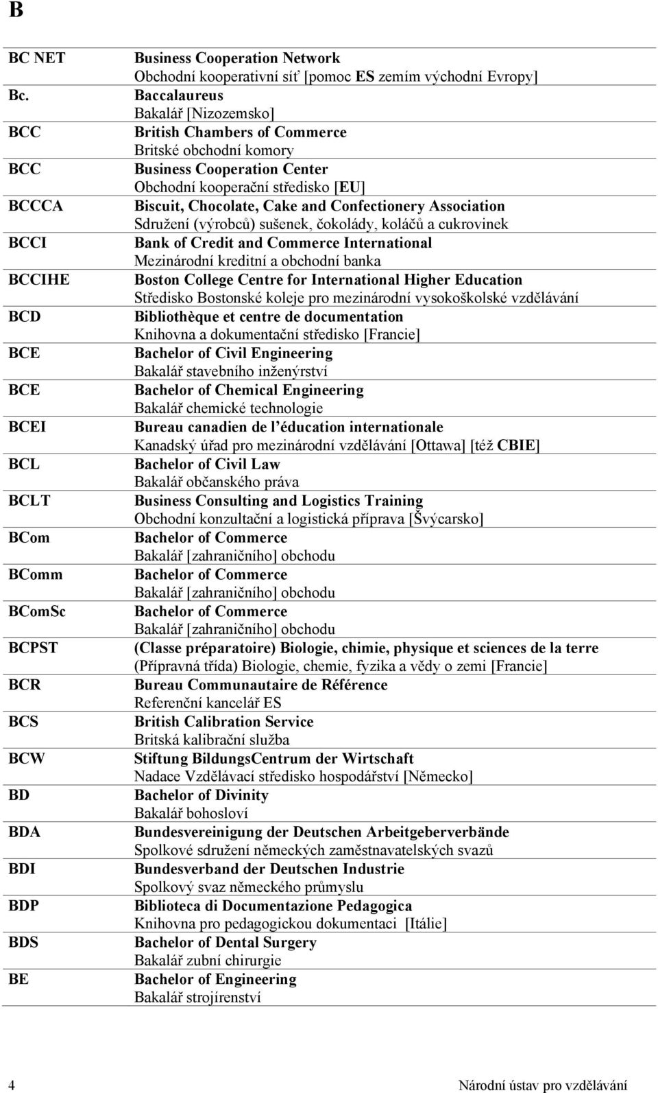 Baccalaureus Bakalář [Nizozemsko] British Chambers of Commerce Britské obchodní komory Business Cooperation Center Obchodní kooperační středisko [EU] Biscuit, Chocolate, Cake and Confectionery