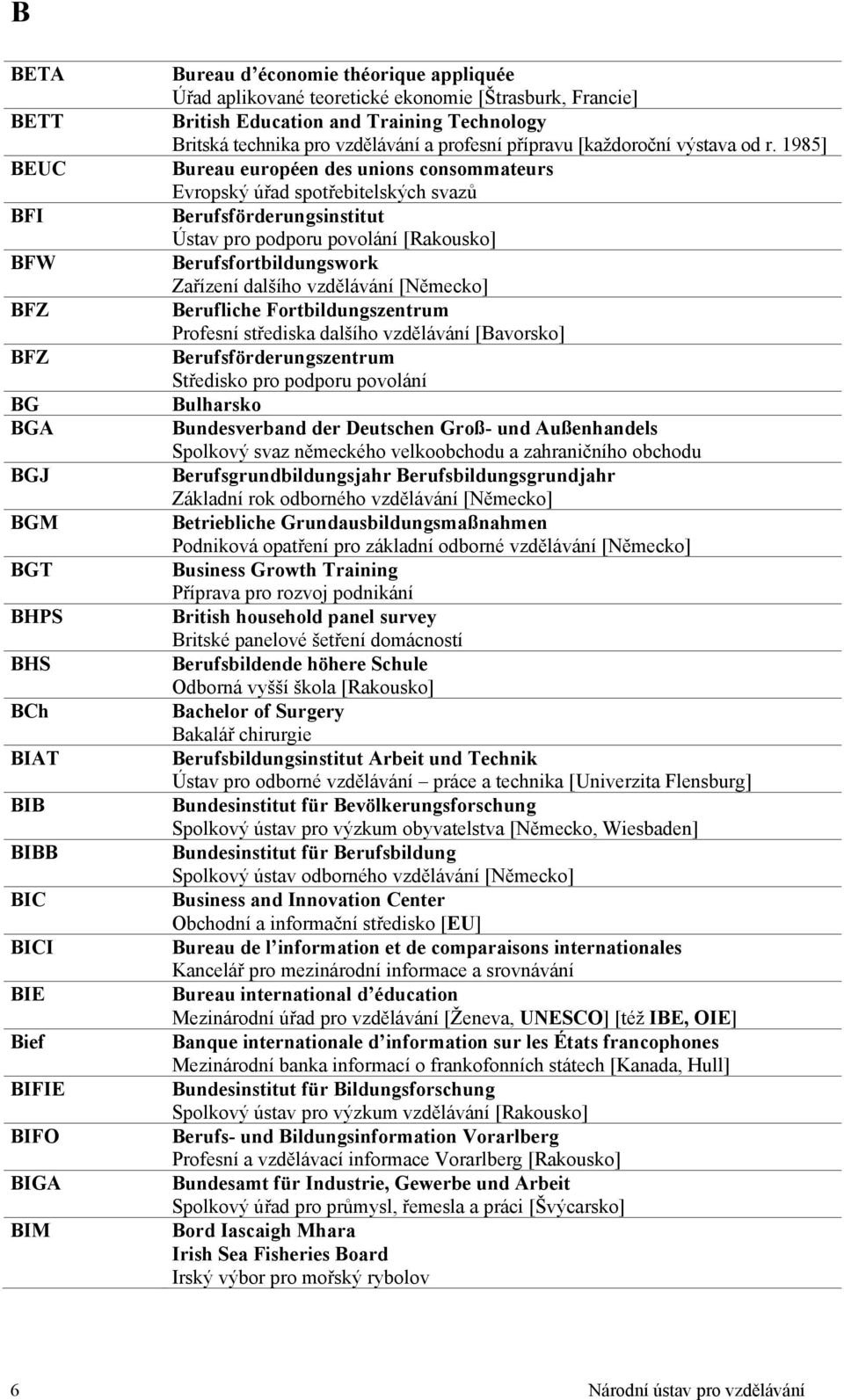 1985] Bureau européen des unions consommateurs Evropský úřad spotřebitelských svazů Berufsförderungsinstitut Ústav pro podporu povolání [Rakousko] Berufsfortbildungswork Zařízení dalšího vzdělávání