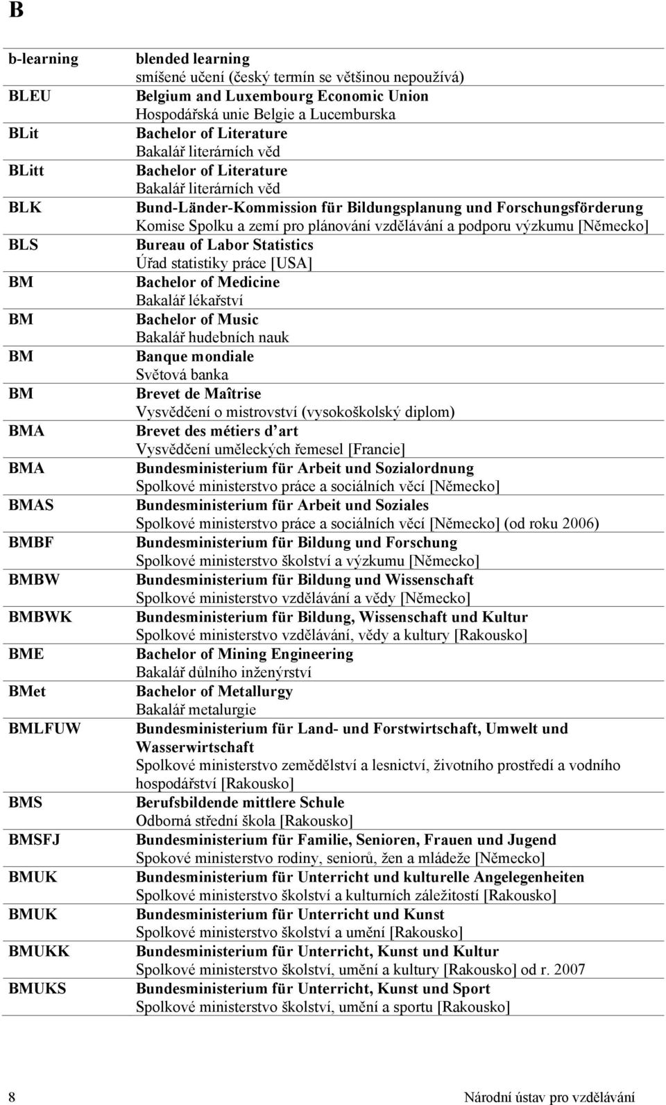 Bildungsplanung und Forschungsförderung Komise Spolku a zemí pro plánování vzdělávání a podporu výzkumu [Německo] Bureau of Labor Statistics Úřad statistiky práce [USA] Bachelor of Medicine Bakalář