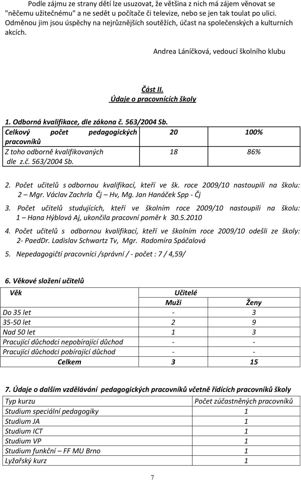 Odborná kvalifikace, dle zákona č. 563/2004 Sb. Celkový počet pedagogických pracovníků Z toho odborně kvalifikovaných dle z.č. 563/2004 Sb. 20 00% 8 86% 2.