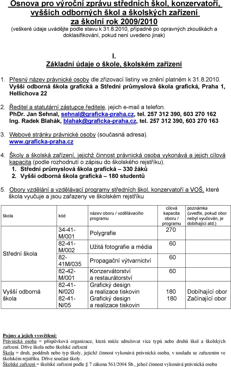 Přesný název právnické osoby dle zřizovací listiny ve znění platném k 31.8.2010. Vyšší odborná škola grafická a Střední průmyslová škola grafická, Praha 1, Hellichova 22 2.