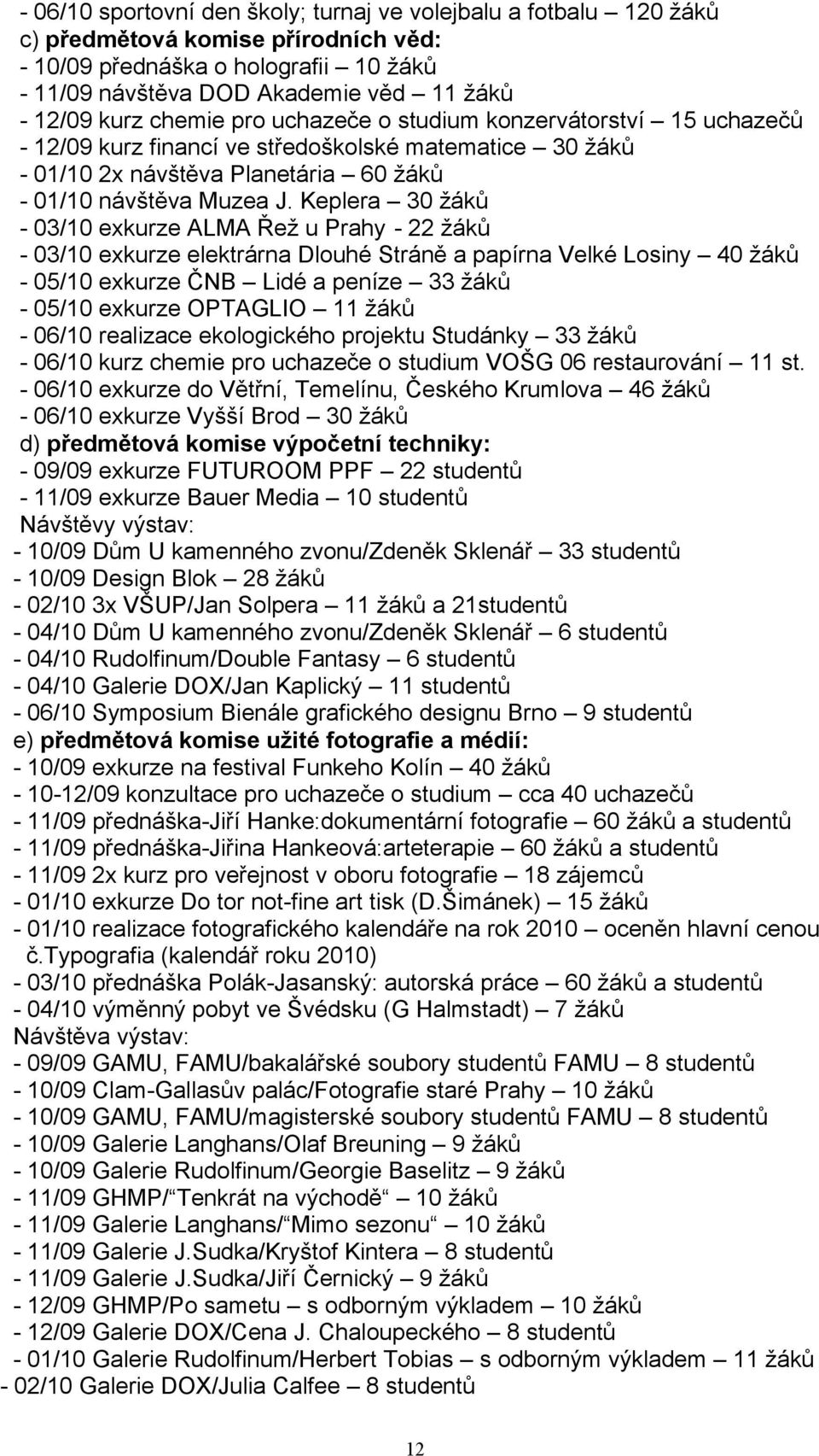 Keplera 30 žáků - 03/10 exkurze ALMA Řež u Prahy - 22 žáků - 03/10 exkurze elektrárna Dlouhé Stráně a papírna Velké Losiny 40 žáků - 05/10 exkurze ČNB Lidé a peníze 33 žáků - 05/10 exkurze OPTAGLIO