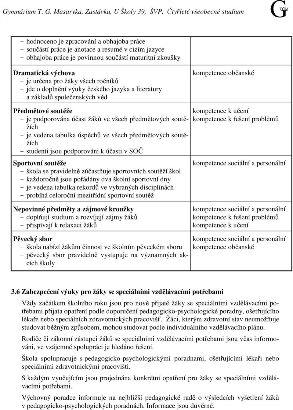 tabulka úspěchů ve všech předmětových soutěžích - studenti jsou podporováni k účasti v SOČ Sportovní soutěže - škola se pravidelně zúčastňuje sportovních soutěží škol - každoročně jsou pořádány dva