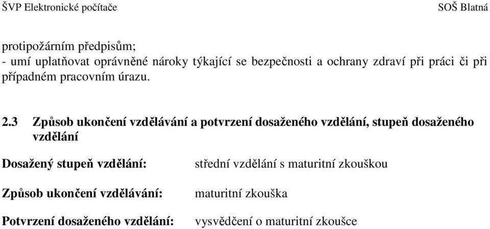 3 Způsob ukončení vzdělávání a potvrzení dosaženého vzdělání, stupeň dosaženého vzdělání Dosažený