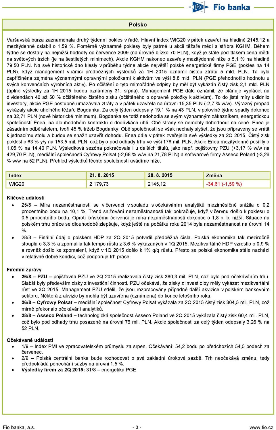 Během týdne se dostaly na nejnižší hodnoty od července 2009 (na úrovně blízko 70 PLN), když je stále pod tlakem cena mědi na světových trzích (je na šestiletých minimech).