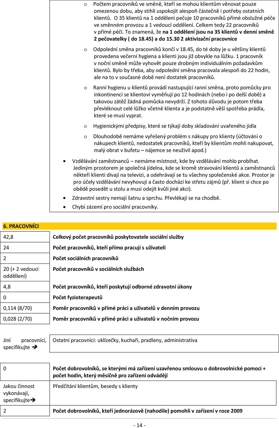 To znamená, že na 1 oddělení jsou na 35 klientů v denní směně 2 pečovatelky ( do 18.45) a do 15.30 2 aktivizační pracovnice Odpolední směna pracovníků končí v 18.