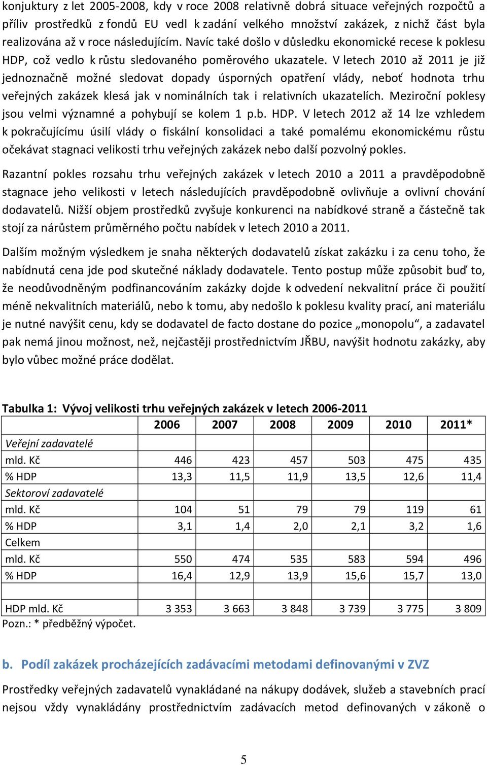 V letech 2010 až 2011 je již jednoznačně možné sledovat dopady úsporných opatření vlády, neboť hodnota trhu veřejných zakázek klesá jak v nominálních tak i relativních ukazatelích.