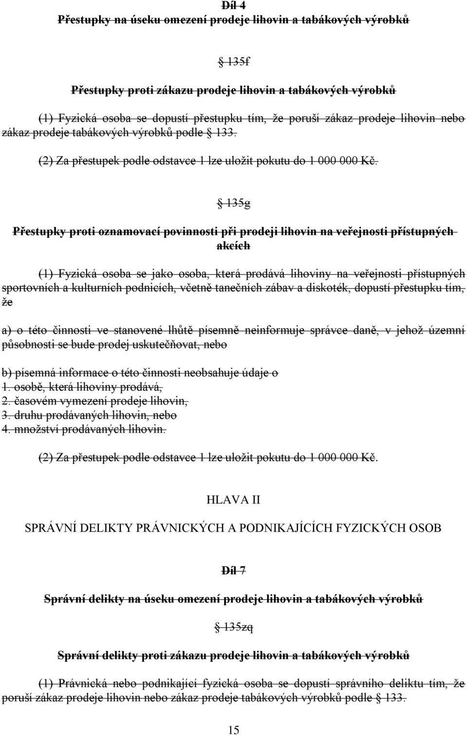 135g Přestupky proti oznamovací povinnosti při prodeji lihovin na veřejnosti přístupných akcích (1) Fyzická osoba se jako osoba, která prodává lihoviny na veřejnosti přístupných sportovních a