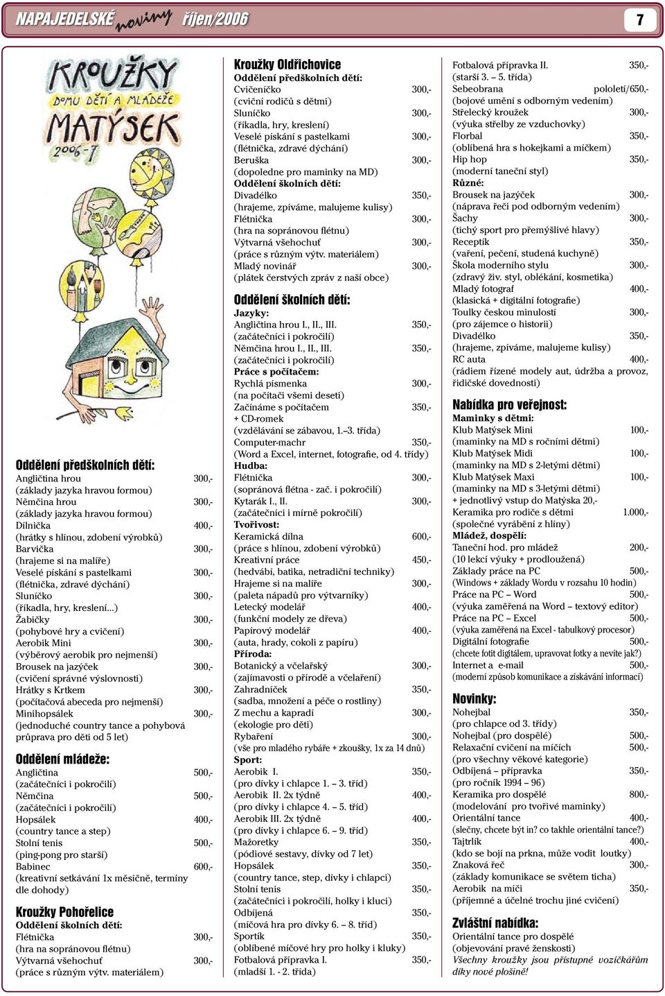 (výběrový aerobik pro nejmenší) Brousek na jazýček 300,- (cvičení správné výslovnosti) Hrátky s Krtkem 300,- (počítačová abeceda pro nejmenší) Minihopsálek 300,- (jednoduché country tance a pohybová