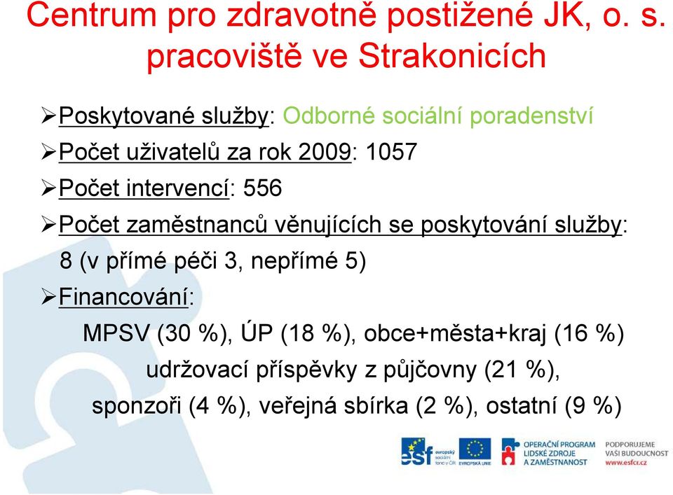 2009: 1057 Počet intervencí: 556 Počet zaměstnanců věnujících se poskytování služby: 8 (v přímé péči