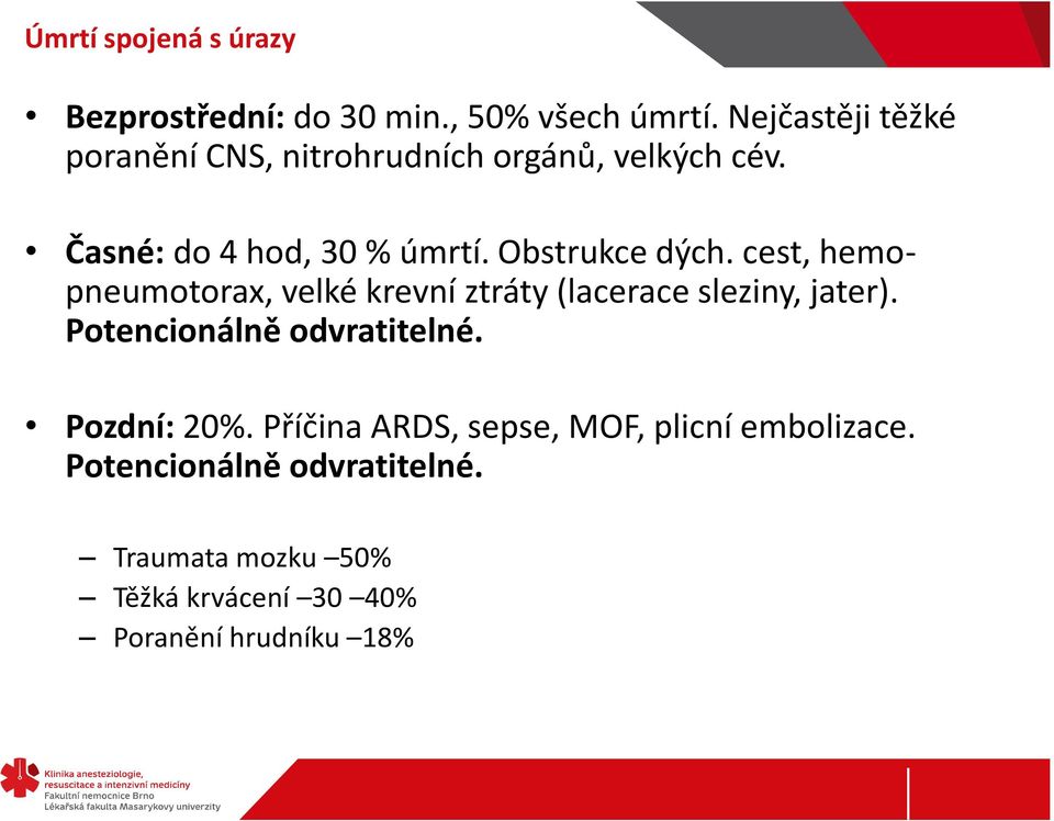 Obstrukce dých. cest, hemopneumotorax, velké krevní ztráty (lacerace sleziny, jater).