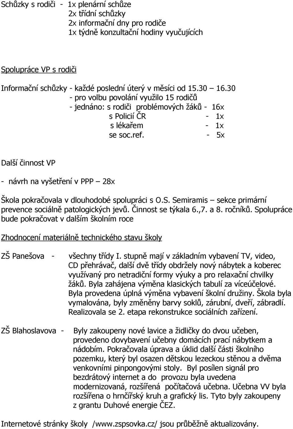 - 5x Další činnost VP - návrh na vyšetření v PPP 28x Škola pokračovala v dlouhodobé spolupráci s O.S. Semiramis sekce primární prevence sociálně patologických jevů. Činnost se týkala 6.,7. a 8.