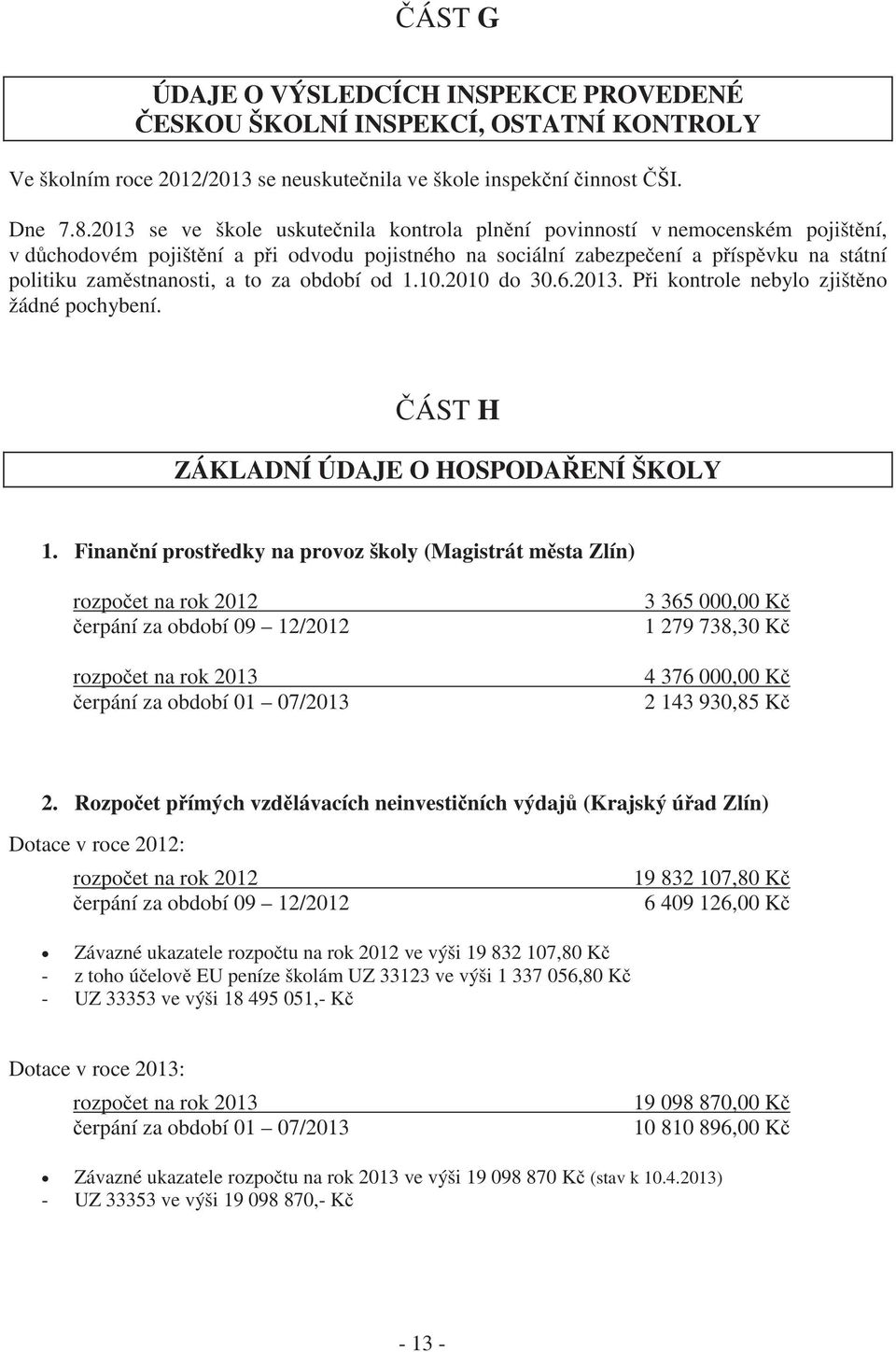 to za období od 1.10.2010 do 30.6.2013. Při kontrole nebylo zjištěno žádné pochybení. ČÁST H ZÁKLADNÍ ÚDAJE O HOSPODAŘENÍ ŠKOLY 1.