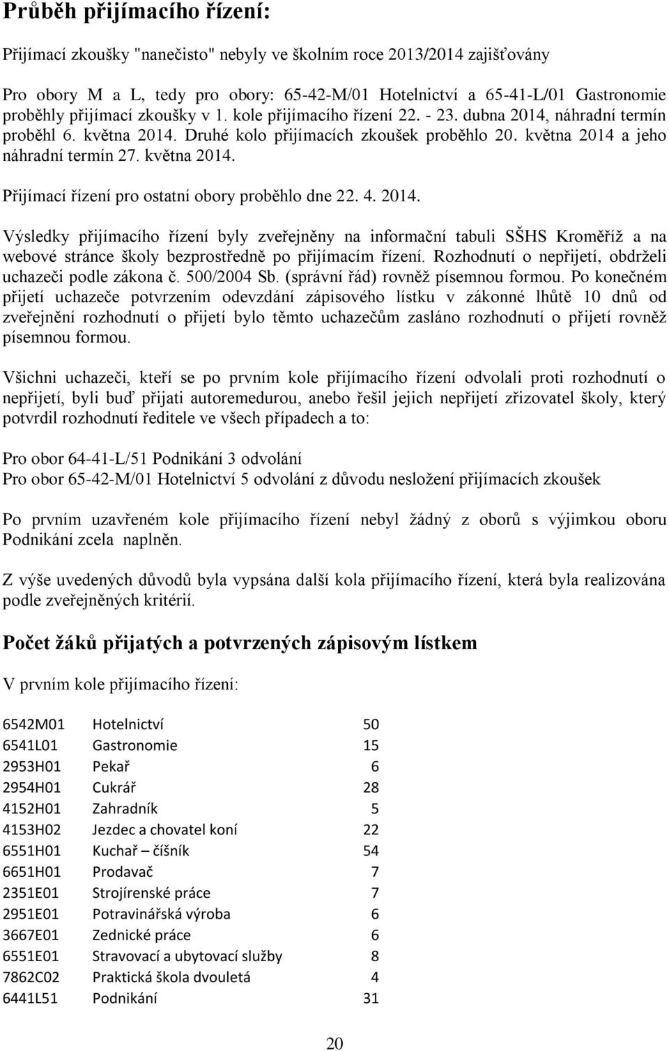 května 2014. Přijímací řízení pro ostatní obory proběhlo dne 22. 4. 2014. Výsledky přijímacího řízení byly zveřejněny na informační tabuli SŠHS Kroměříž a na webové stránce školy bezprostředně po přijímacím řízení.