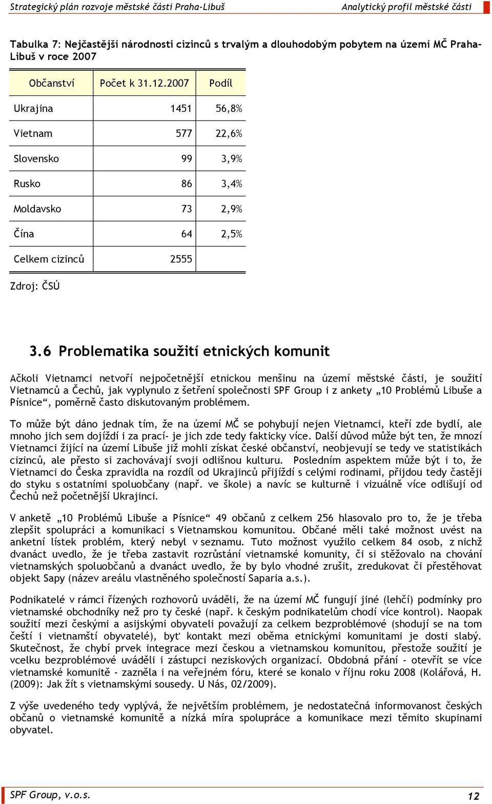 6 Problematika soužití etnických komunit Ačkoli Vietnamci netvoří nejpočetnější etnickou menšinu na území městské části, je soužití Vietnamců a Čechů, jak vyplynulo z šetření společnosti SPF Group i