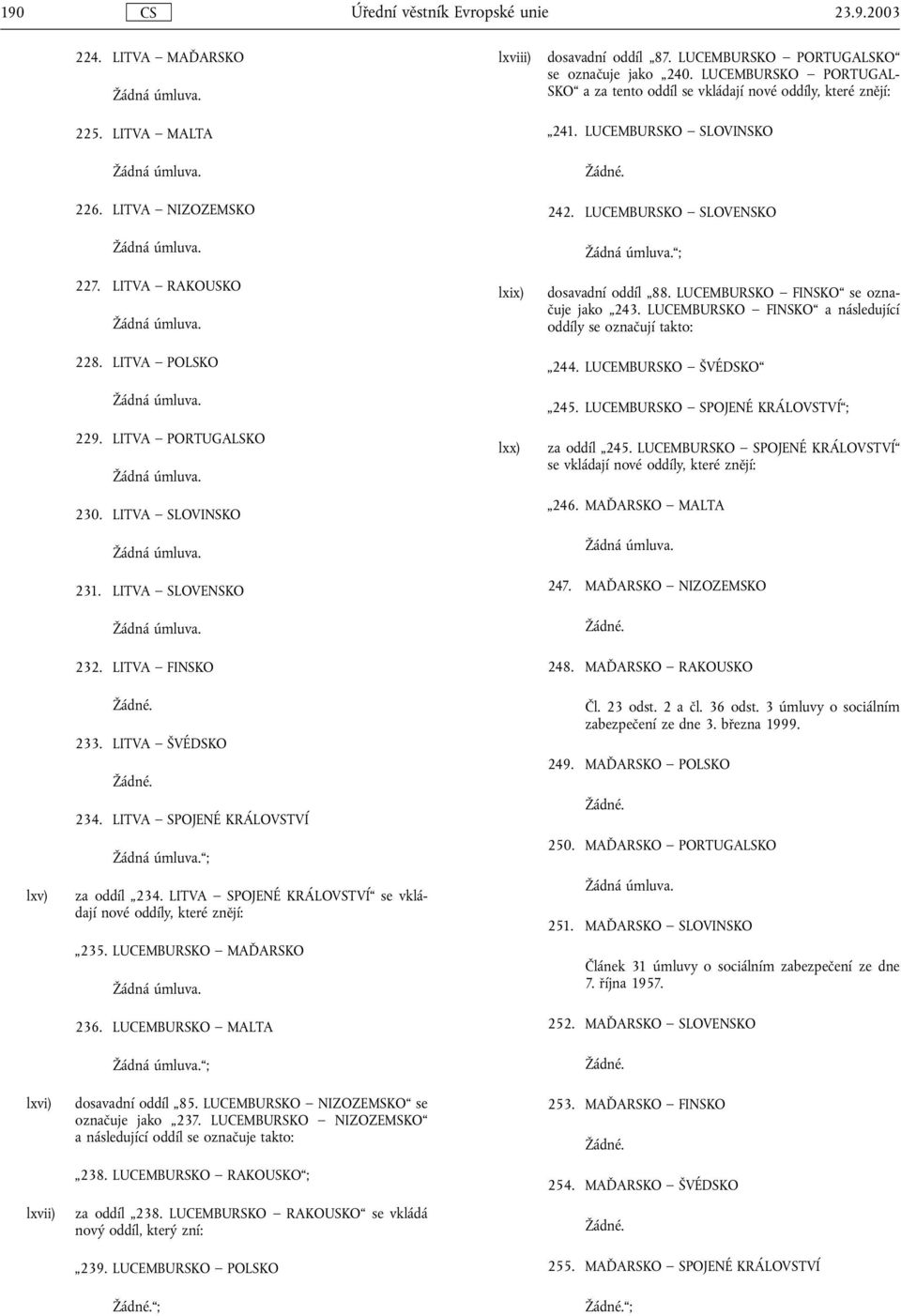 LUCEMBURSKO SLOVINSKO 242. LUCEMBURSKO SLOVENSKO ; dosavadní oddíl 88. LUCEMBURSKO FINSKO se označuje jako 243. LUCEMBURSKO FINSKO a následující oddíly se označují takto: 244. LUCEMBURSKO ŠVÉDSKO 245.