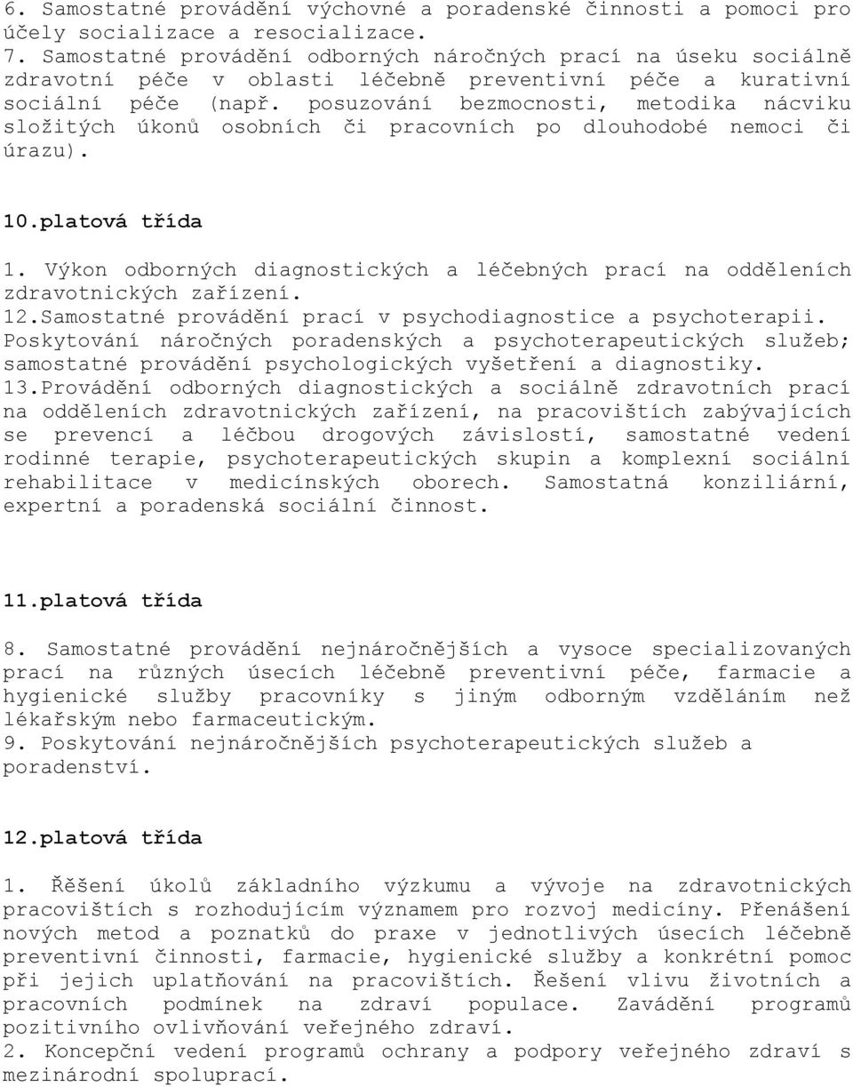 posuzování bezmocnosti, metodika nácviku složitých úkonů osobních či pracovních po dlouhodobé nemoci či úrazu). 10.platová třída 1.