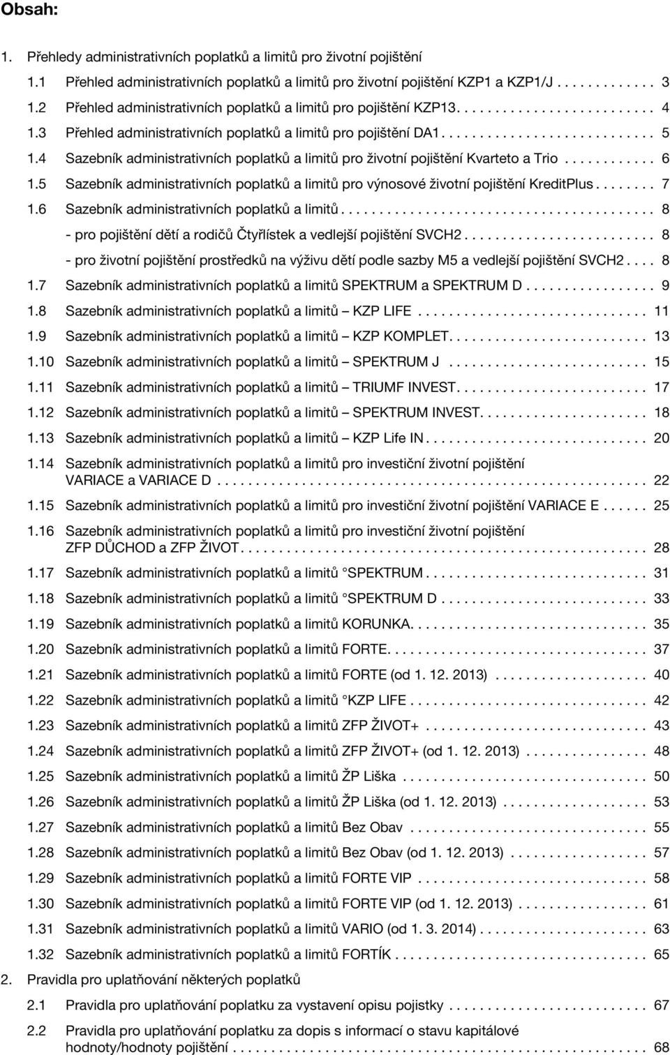 4 Sazebník administrativních poplatků a limitů pro životní pojištění Kvarteto a Trio... 6 1.5 Sazebník administrativních poplatků a limitů pro výnosové životní pojištění KreditPlus... 7 1.