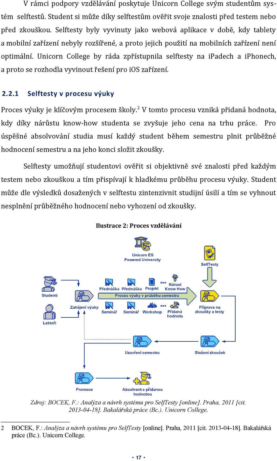 Unicorn College by ráda zpřístupnila selftesty na ipadech a iphonech, a proto se rozhodla vyvinout řešení pro ios zařízení. 2.2.1 Selftesty v procesu výuky Proces výuky je klíčovým procesem školy.