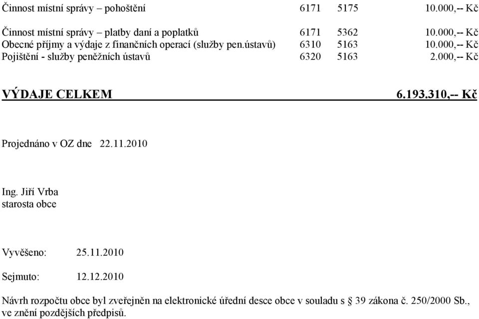 000,-- Kč Pojištění - služby peněžních ústavů 6320 5163 2.000,-- Kč VÝDAJE CELKEM 6.193.310,-- Kč Projednáno v OZ dne 22.11.2010 Ing.