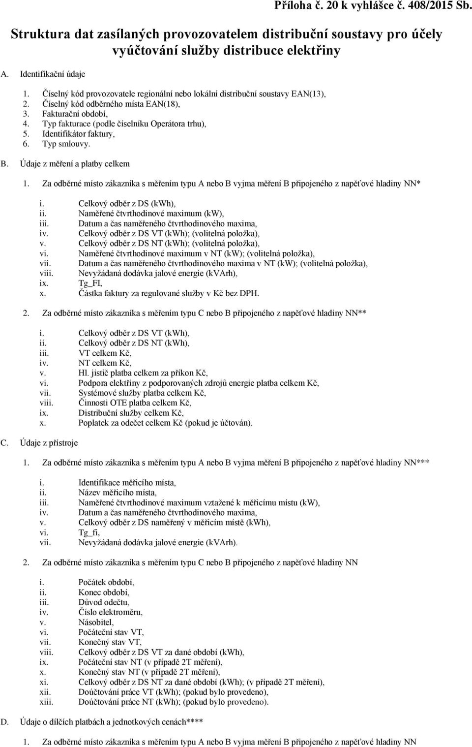 Identifikátor faktury, 6. Typ smlouvy. B. Údaje z měření a platby celkem 1. Za odběrné místo zákazníka s měřením typu A nebo B vyjma měření B připojeného z napěťové hladiny NN* i.