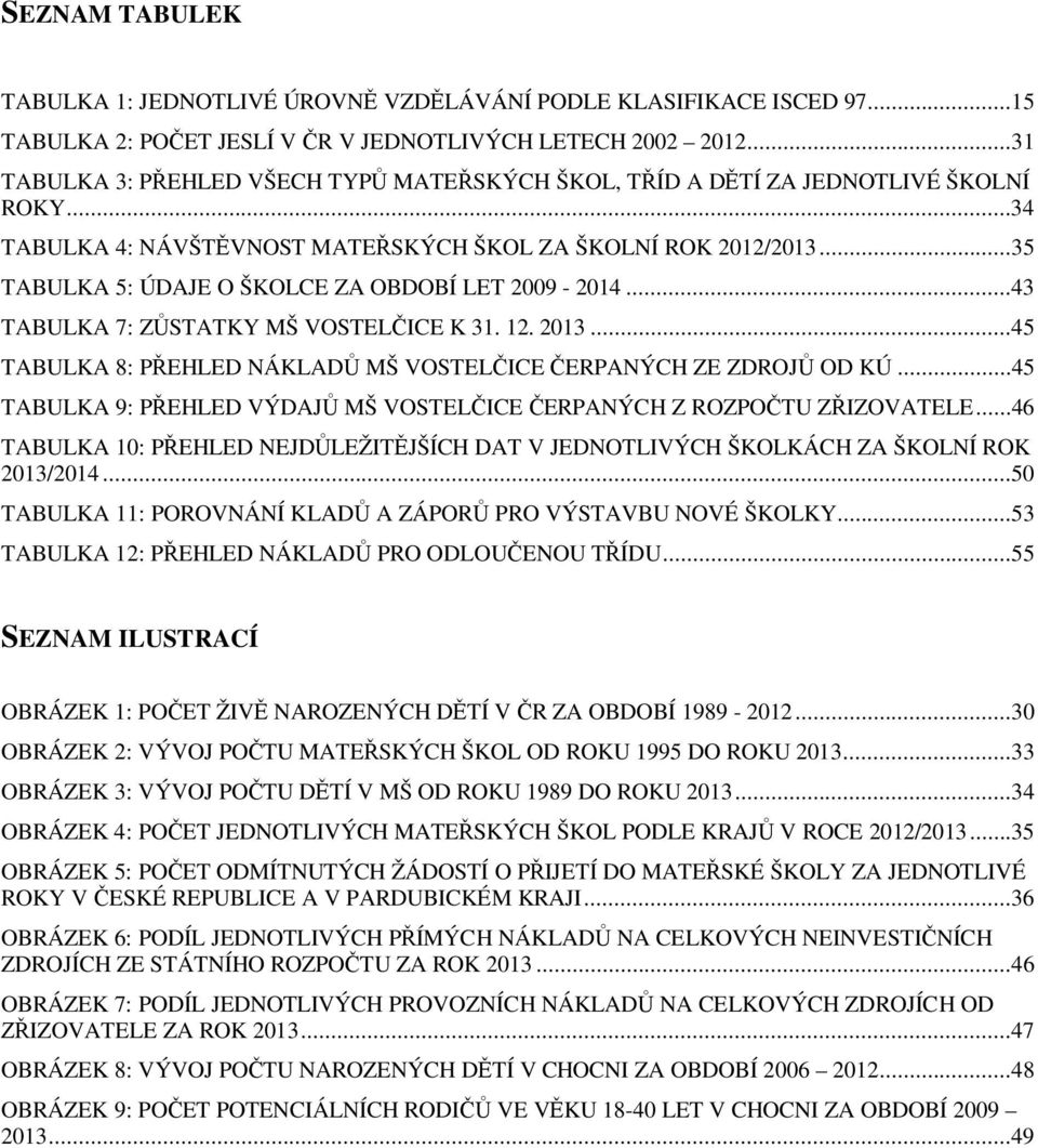 ..35 TABULKA 5: ÚDAJE O ŠKOLCE ZA OBDOBÍ LET 2009-2014...43 TABULKA 7: ZSTATKY MŠ VOSTELICE K 31. 12. 2013...45 TABULKA 8: PEHLED NÁKLAD MŠ VOSTELICE ERPANÝCH ZE ZDROJ OD KÚ.