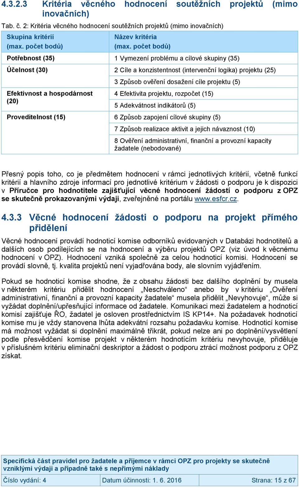 počet bodů) Potřebnost (35) 1 Vymezení problému a cílové skupiny (35) Účelnost (30) 2 Cíle a konzistentnost (intervenční logika) projektu (25) 3 Způsob ověření dosažení cíle projektu (5) Efektivnost