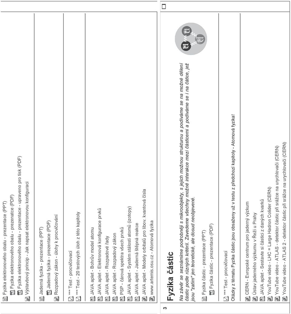 JAVA aplet - Bohrv model atomu JAVA aplet - Elektronová konfigurace prvk JAVA aplet - Rozpadové ady JAVA aplet - Rozpadový zákon PSP - árová spektra všech prvk JAVA aplet - Systém stálosti atom