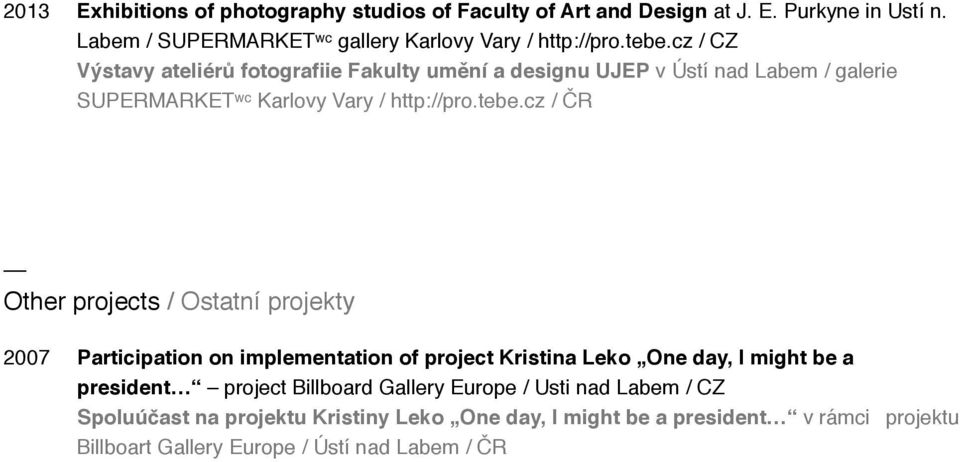 Other projects / Ostatní projekty 2007 Participation on implementation of project Kristina Leko One day, I might be a president project Billboard Gallery