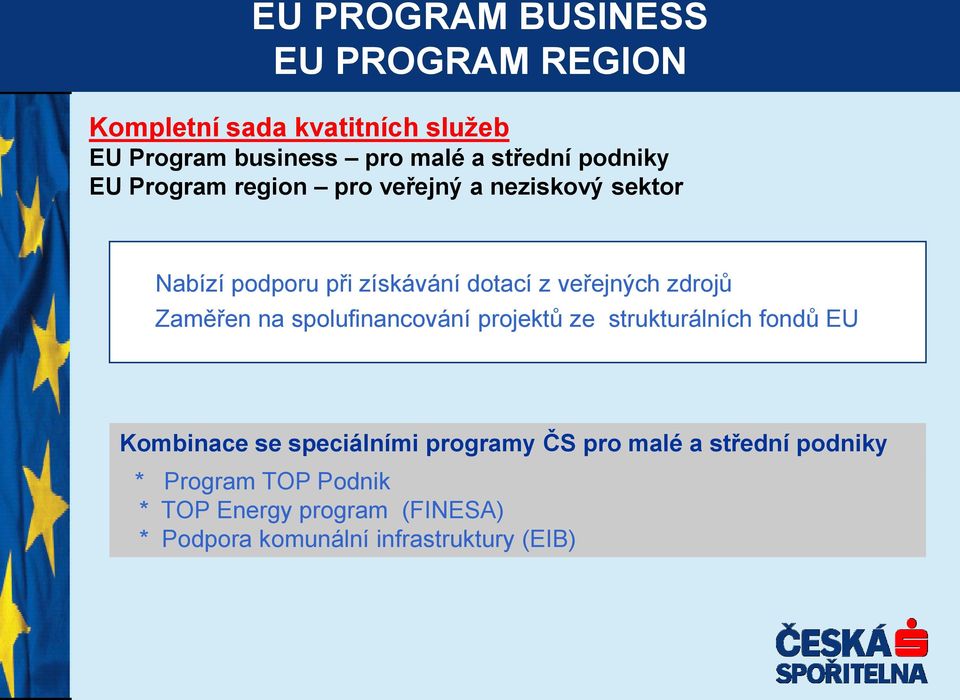 zdrojů Zaměřen na spolufinancování projektů ze strukturálních fondů EU Kombinace se speciálními programy ČS