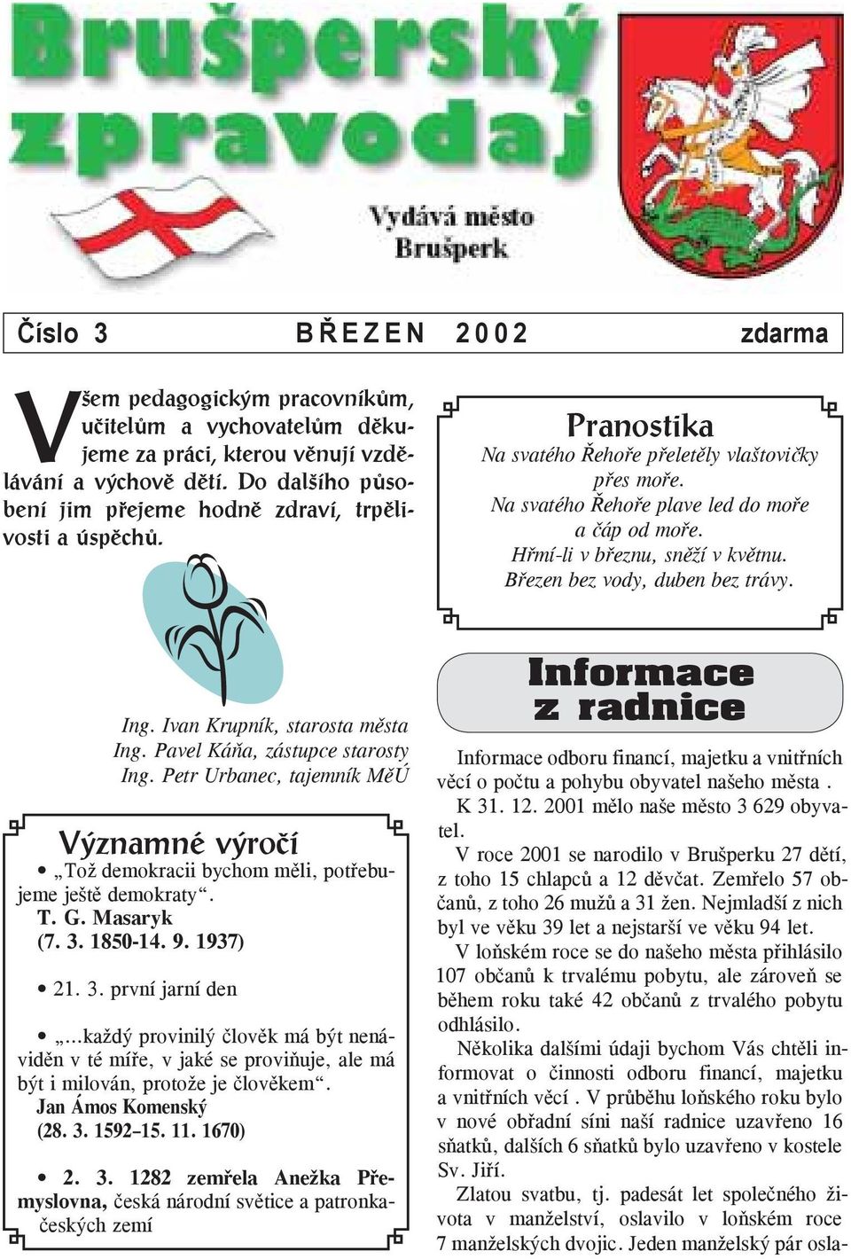 Hřmí-li v březnu, sněží v květnu. Březen bez vody, duben bez trávy. Ing. Ivan Krupník, starosta města Ing. Pavel Káňa, zástupce starosty Ing.