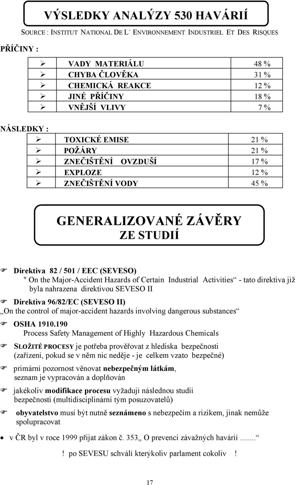 Hazards of Certain Industrial Activities - tato direktiva již byla nahrazena direktivou SEVESO II Direktiva 96/82/EC (SEVESO II) On the control of major-accident hazards involving dangerous