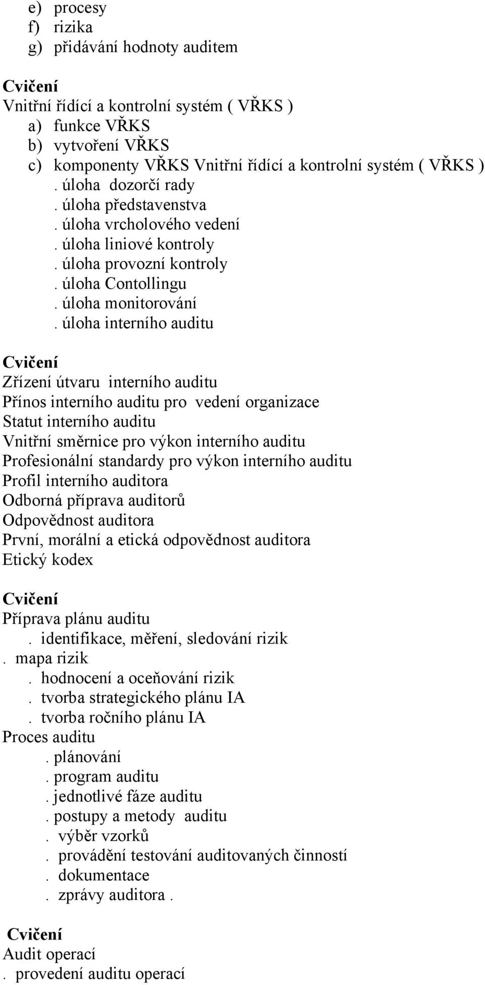 úloha interního auditu Cvičení Zřízení útvaru interního auditu Přínos interního auditu pro vedení organizace Statut interního auditu Vnitřní směrnice pro výkon interního auditu Profesionální