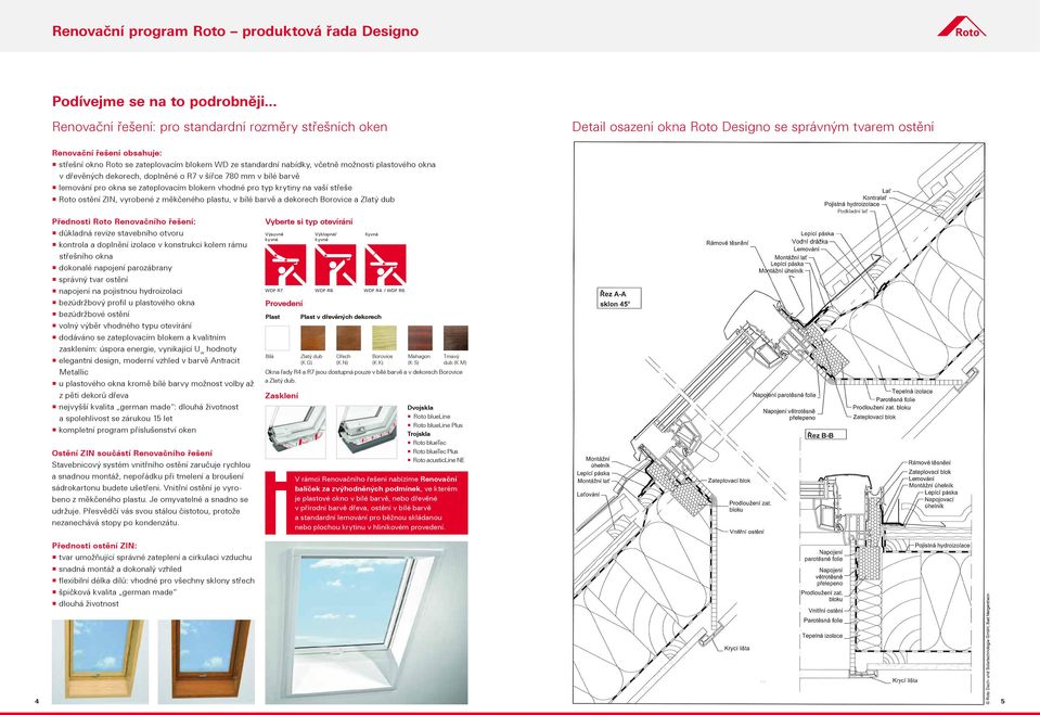 standardní nabídky, včetně možnosti plastového okna v dřevěných dekorech, doplněné o R7 v šířce 780 mm v bílé barvě lemování pro okna se zateplovacím blokem vhodné pro typ krytiny na vaší střeše Roto