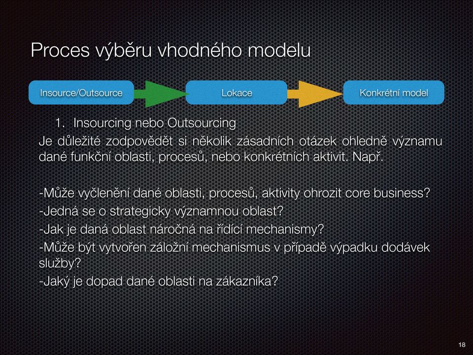 nebo konkrétních aktivit. Např. -Může vyčlenění dané oblasti, procesů, aktivity ohrozit core business?