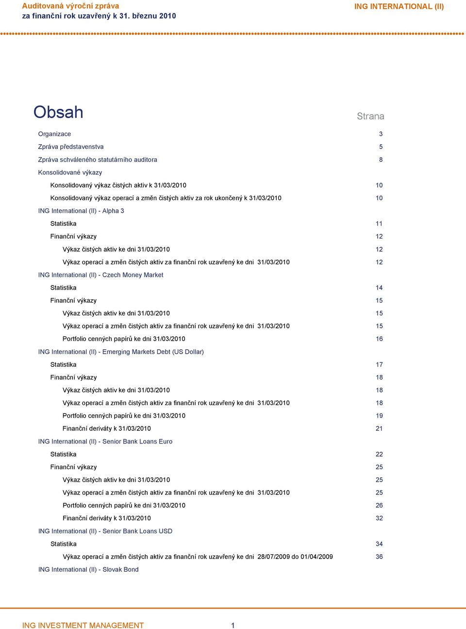 Výkaz operací a změn čistých aktiv za finanční rok uzavřený ke dni 31/03/2010 12 ING International (II) Czech Money Market Statistika 14 Finanční výkazy 15 Výkaz čistých aktiv ke dni 31/03/2010 15