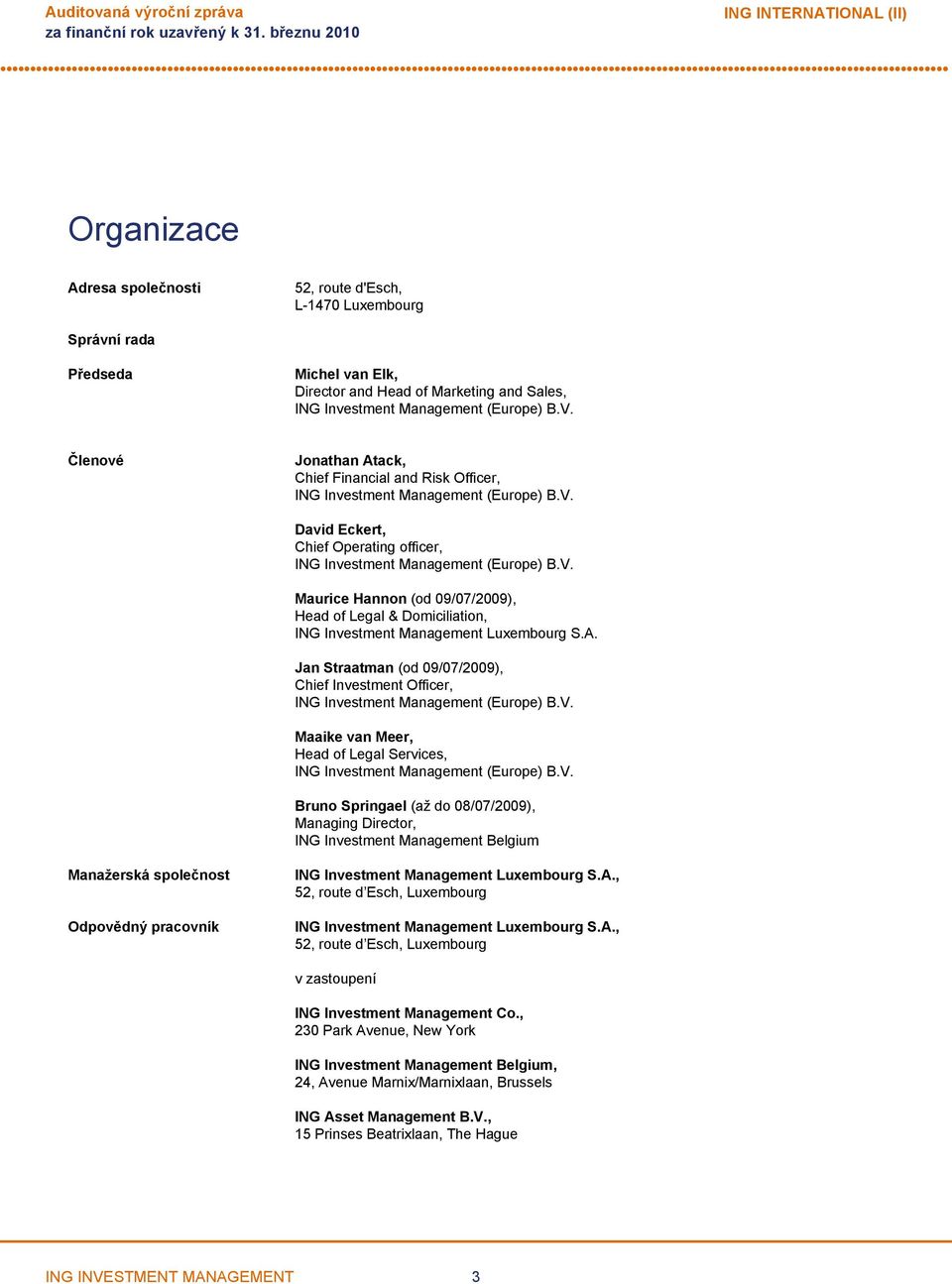 V. Maurice Hannon (od 09/07/2009), Head of Legal & Domiciliation, ING Investment Management Luxembourg S.A.