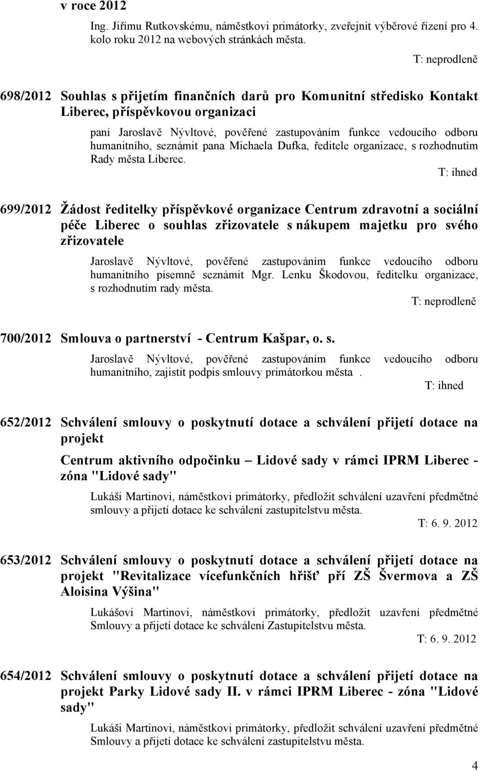 seznámit pana Michaela Dufka, ředitele organizace, s rozhodnutím Rady města Liberec.