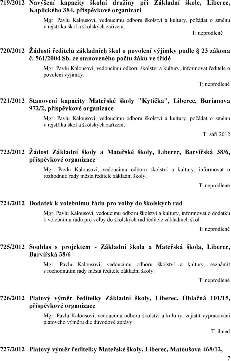 561/2004 Sb. ze stanoveného počtu žáků ve třídě Mgr. Pavlu Kalousovi, vedoucímu odboru školství a kultury, informovat ředitele o povolení výjimky.